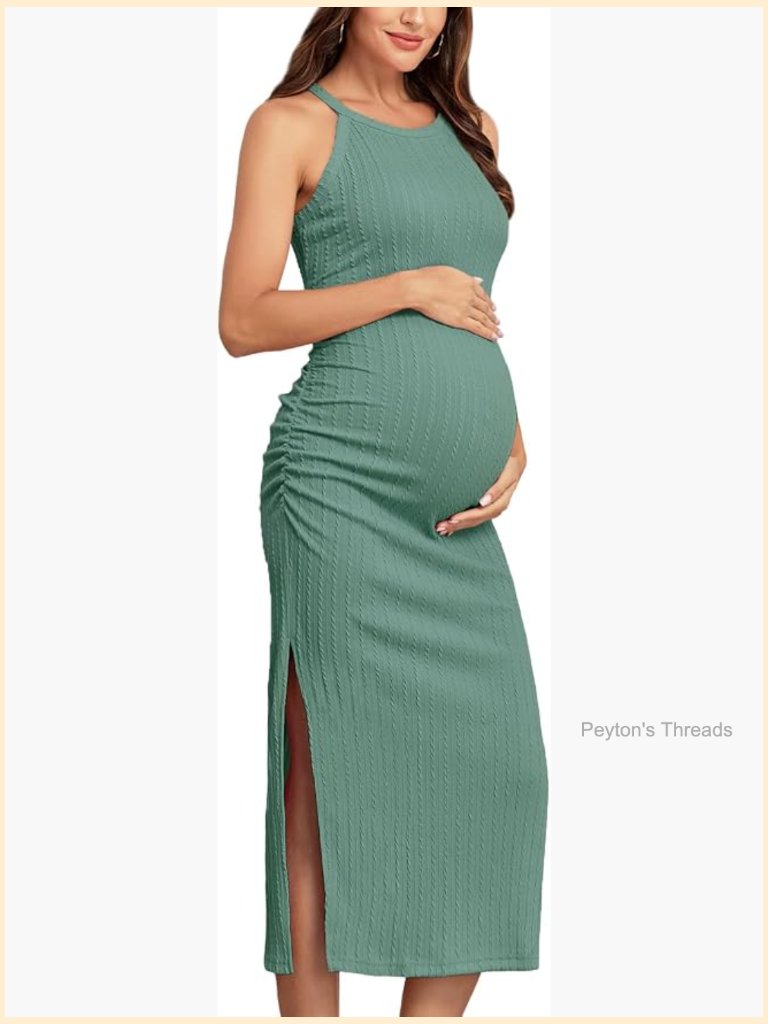 Ribbed Maternity Bodycon Dress Sleeveless Halter Neck Ruched Slit Long Dress